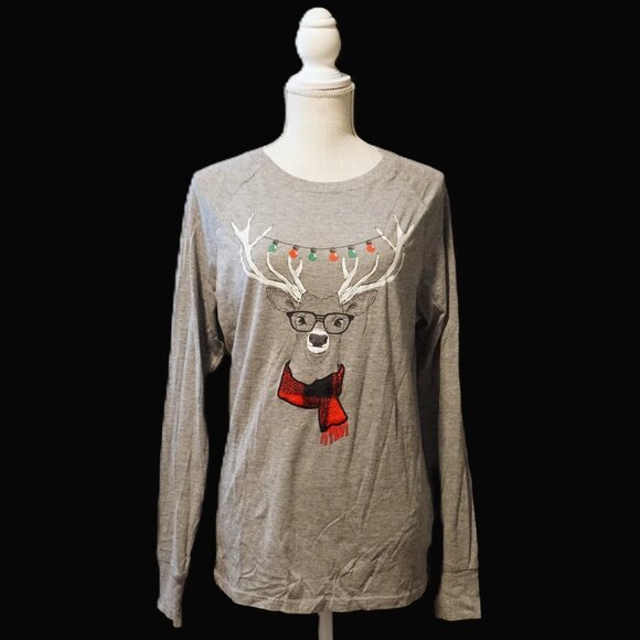 Holiday #FamJams Gray Long Sleeve PJ Lounge Top Deer Head with Fleece Scarf Sm - Picture 1 of 6